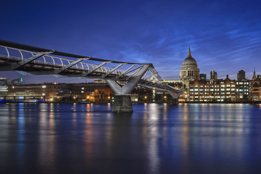 Blue dawn St Pauls Cathedral and the Millennium Bridge from wast