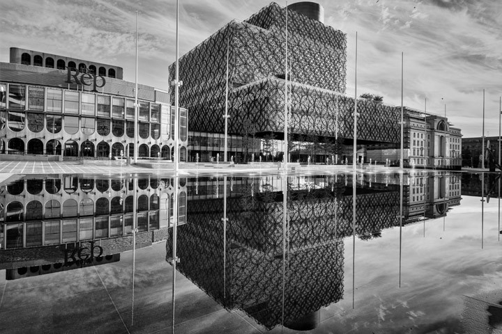 Black and white photo of reflections at Centenary Square in birmingham