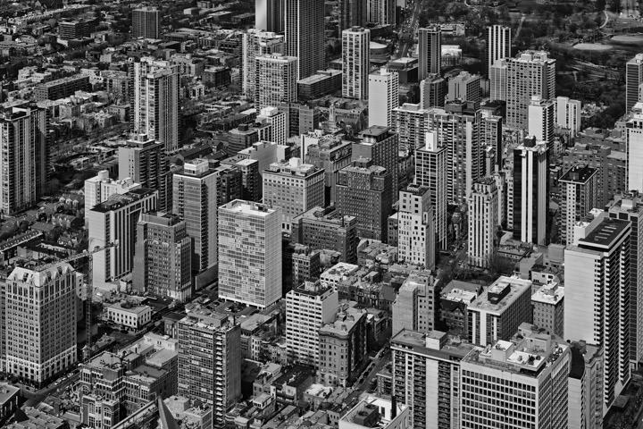 Chicago Skyscrapers black and white aerial view
