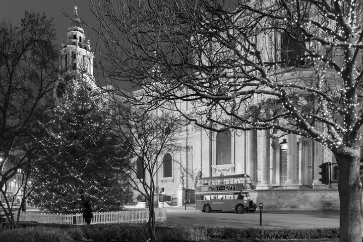 London Bus at St Pauls with Christmas Tree  in black and white