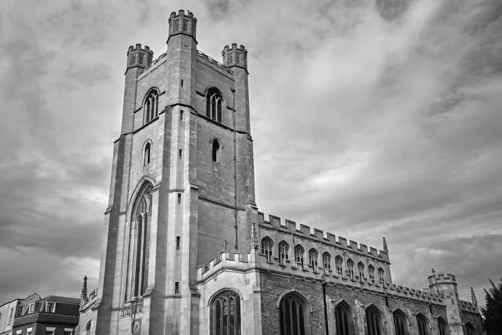 Church of St Mary in Cambridge, England in black and white