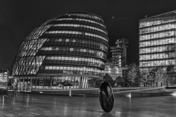 City Hall at night in black and white