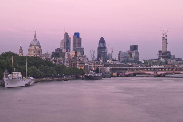 City of London Skyline in pink with city skyscrapers in background