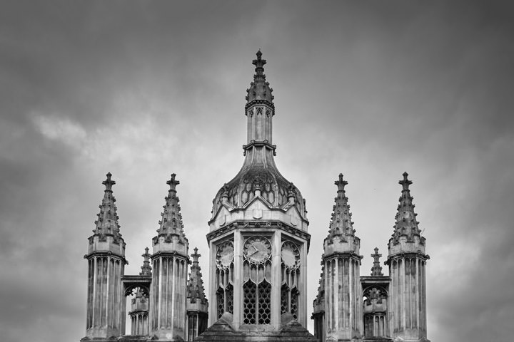 Clock Tower Kings Collegein Cambridge, England in black and white