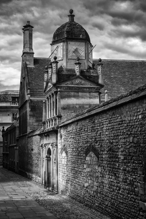 Gonville Caius Gate of Honour in Cambridge, England in black and white