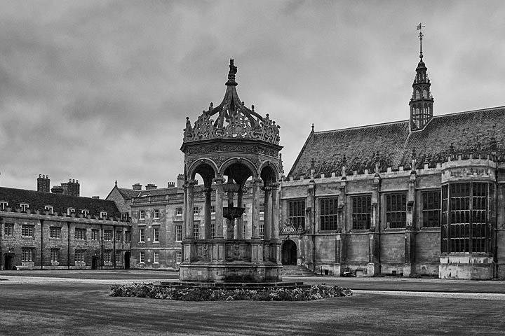 Great Court Trinity College 1 in Cambridge, England in black and white