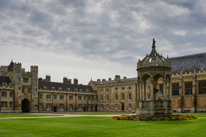 Dramatic clouds over Great Court Trinity College in Cambridge England