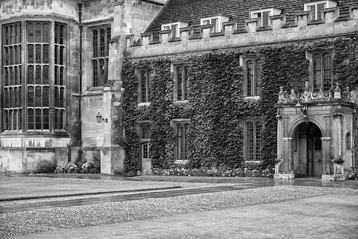 Great Court Trinity College 7 in Cambridge, England in black and white