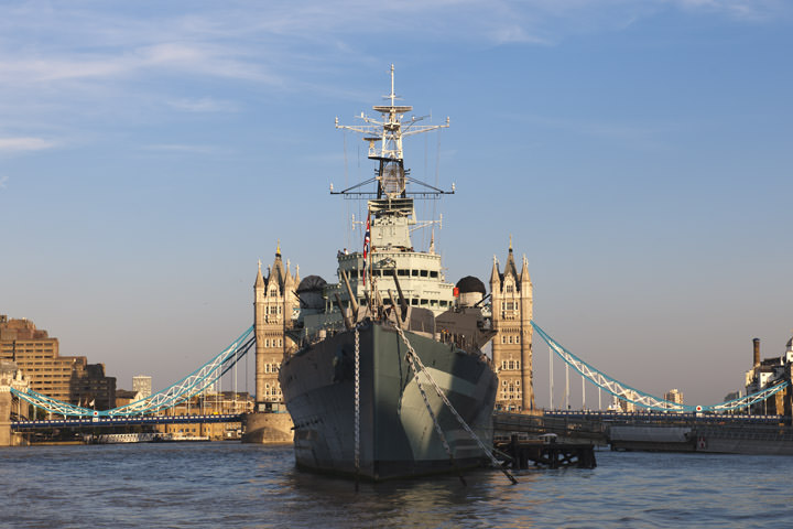 HMS Belfast and Tower Bridge on the River Thames at Southwark