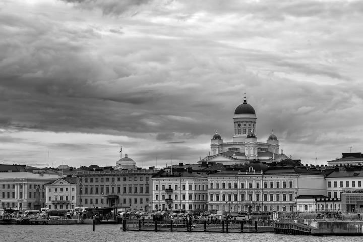 Helsinki skyline in black and white