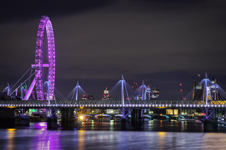 The London Eye, Golden Jubilee Bridge, and River Thames at Dusk, London,  England, UK Solid-Faced Canvas Print