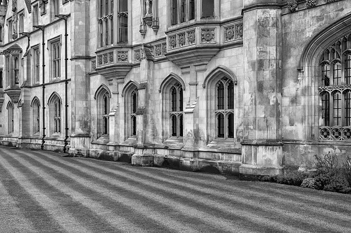 Architectural detail and lawns Kings College 1  in Cambridge, England in black and white