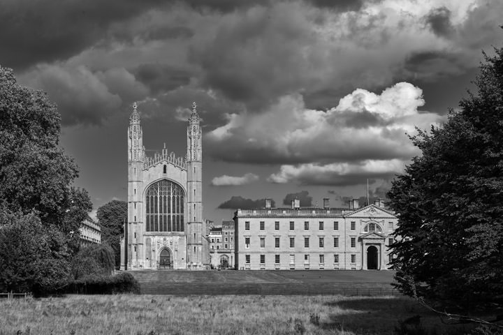 Clouds over Kings College in Cambridge, England in black and white