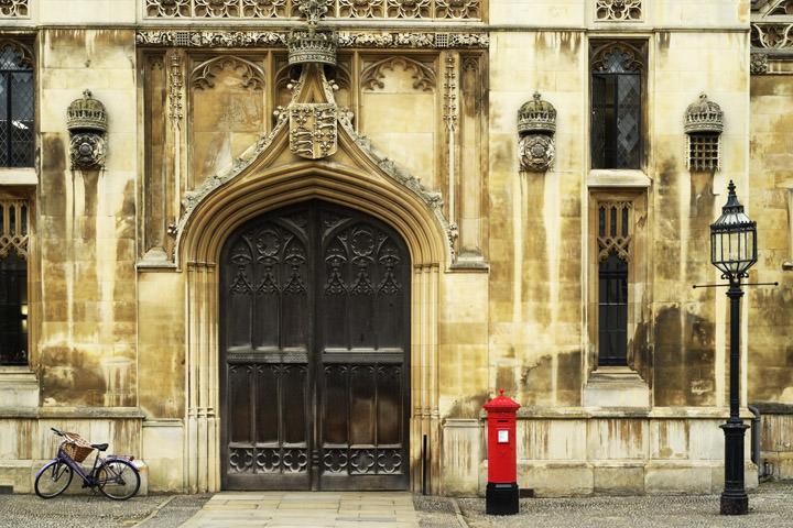 Kings College Cambridge UK Entrance and historic post box