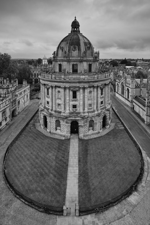 Radcliffe Camera aerial view in black and white