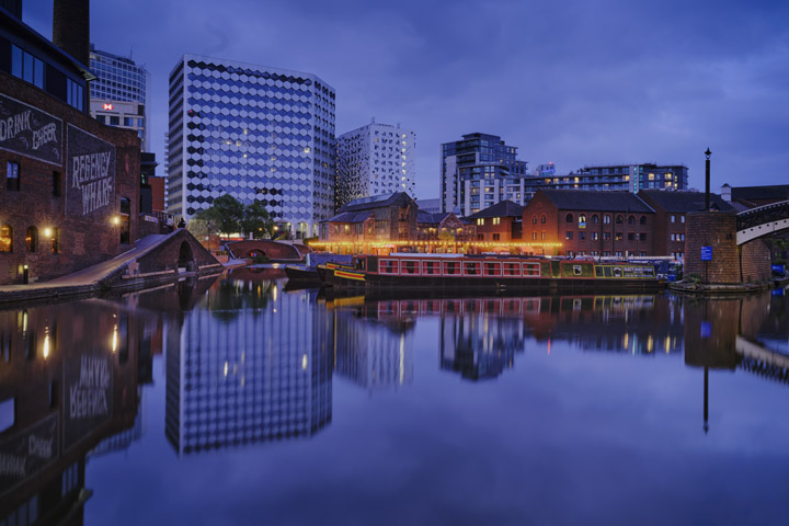 Colourful image  of Regency Wharf 1 in Birmingham at dusk