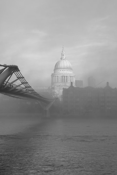 St Pauls Cathedral in mist in black and white