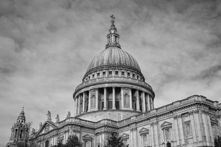 Fine detail of St Pauls Cathedral in black and white