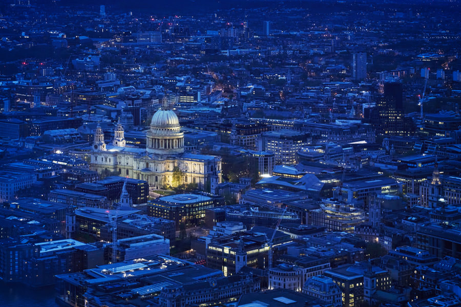 Aerial image of St Pauls Cathedral with blue city buildings