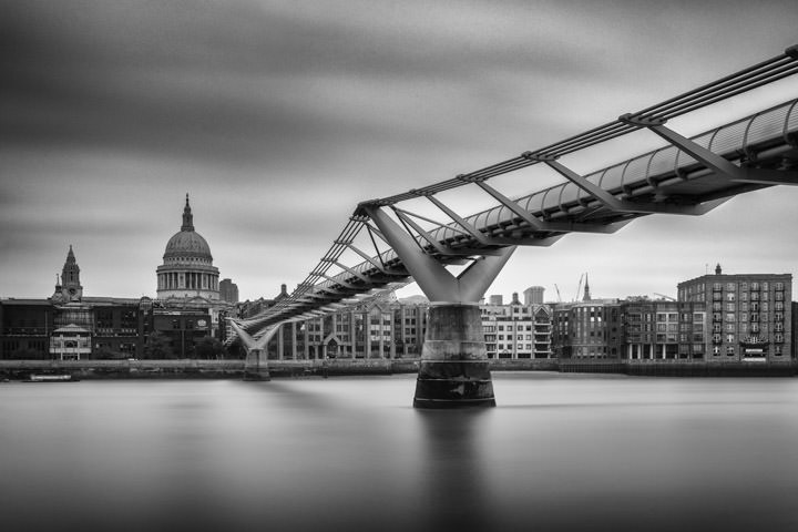 Long exposure St Pauls Millennium Bridge 9 in black and white