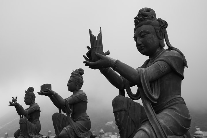 Statues Po Lin Monastery Hong Kong in black and white