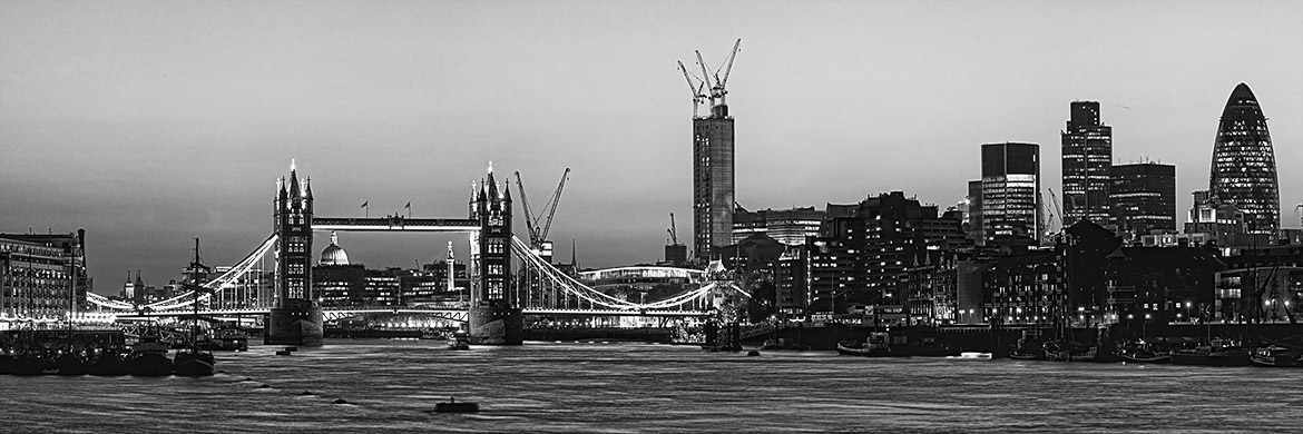 Tower Bridge and London City Skyline in black and white