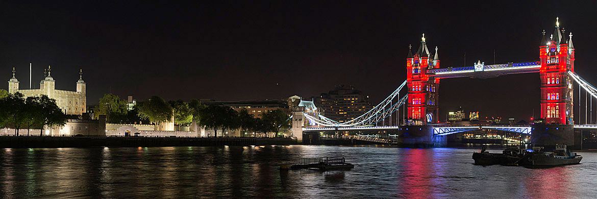 Photograph of Tower Bridge in red