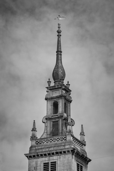 Vertical image of Tower at St Augustine Church in black and white