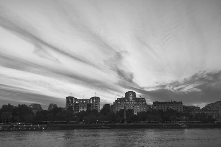 Strand from the River Thames showing Shell Mex House, Adelphi Building and Savoy black and white