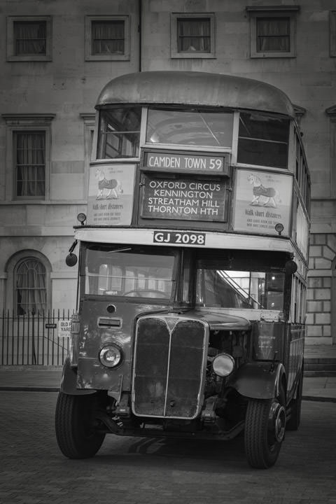 Black and White Photograph of Vintage Guy Bus in London