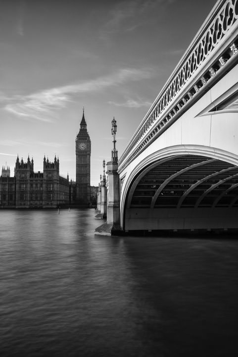 Black and white photograph of Westminster Bridge on a fine day.